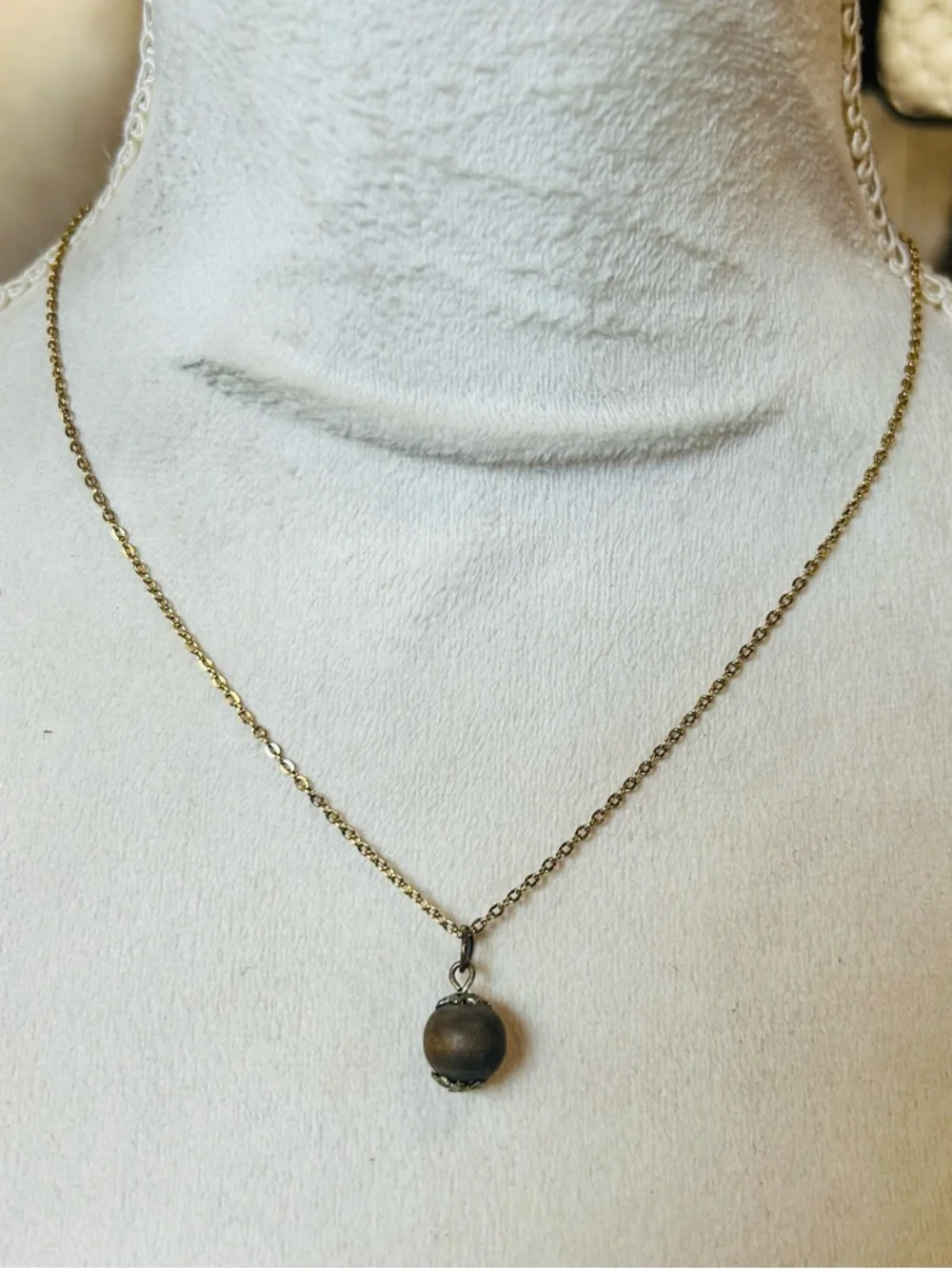 Handcrafted vintage wood bead pendant on chain necklace